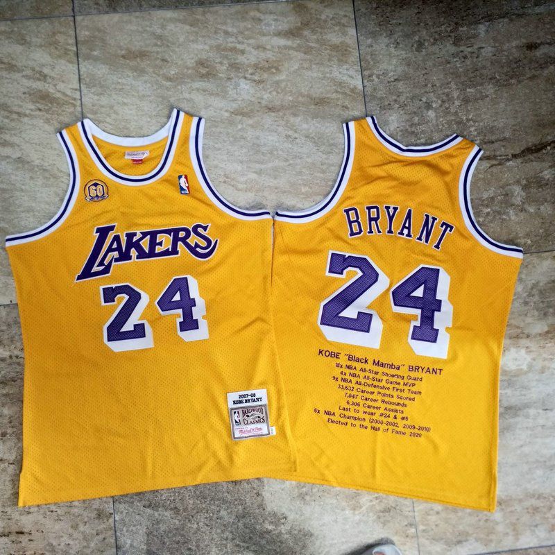 Men Los Angeles Lakers #24 Bryant Yellow Career honor English embroidered version NBA Jerseys